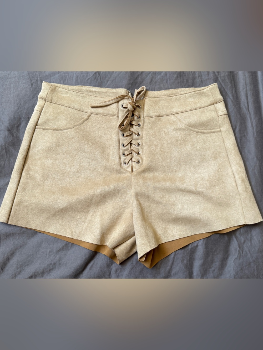 High-Waist Lace-Up Suede-Look Shorts - Beige